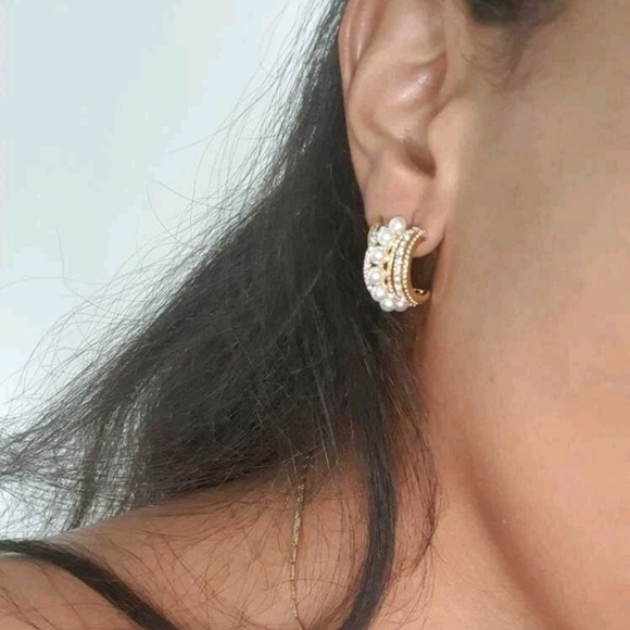 Gold Half Hoop Earrings Pearl Rhinestone Coquette Bridal Wedding Cocktail 💖 - Picture 14 of 16